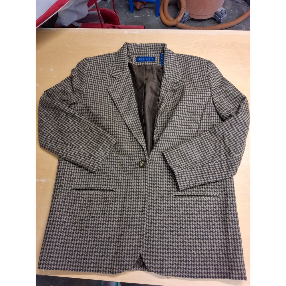 Karen Scott Houndstooth Wool Blend Blazer Jacket Brown Tan Size 14 Womens